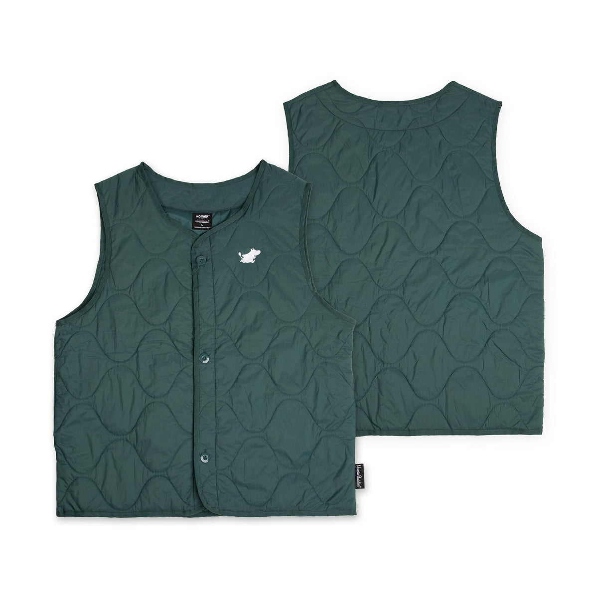 4. Front and back view of green unisex vest with Moomin logo on white background