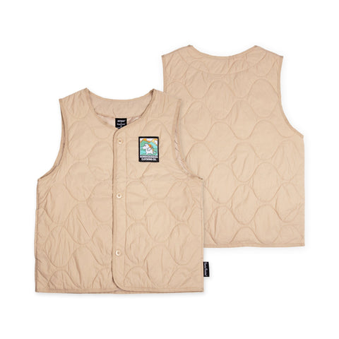 4. Front and back view of beige unisex vest with Moomintroll patch by NordicBuddies on white background