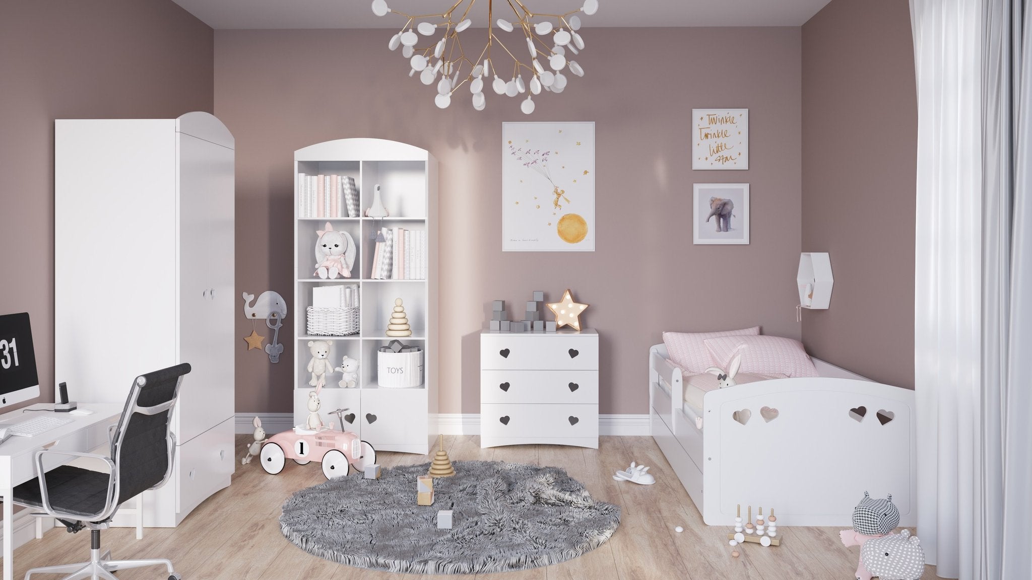 1. White Julia wardrobe in children's room with matching furniture and decor