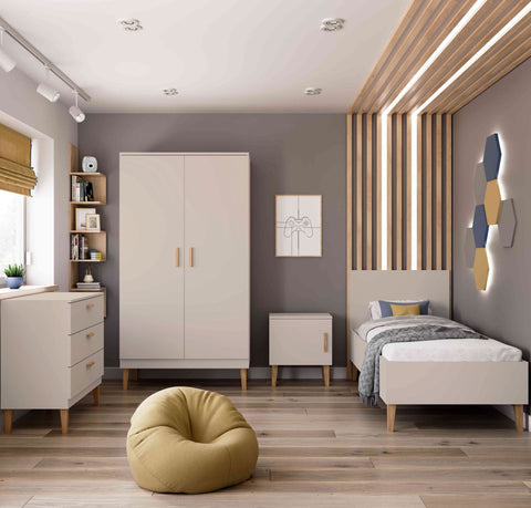 1. Scandinavian-style wardrobe in children's room with matching furniture and decor, featuring beige finish and oak details