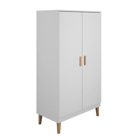 2. Angled side view of white Kubi wardrobe with oak handles and legs