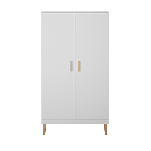 1. Front view of white Kubi wardrobe with oak handles and legs in a minimalist design