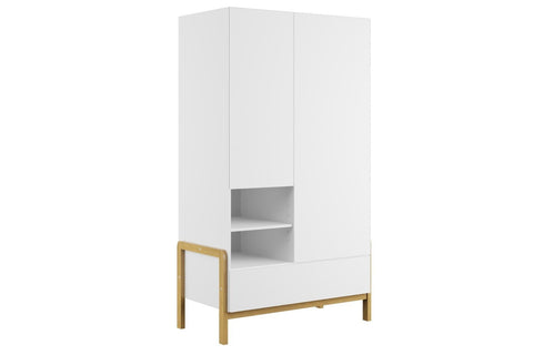 2. Studio shot of Kocot Kids Victor wardrobe in white with oak legs, featuring two doors and open shelves