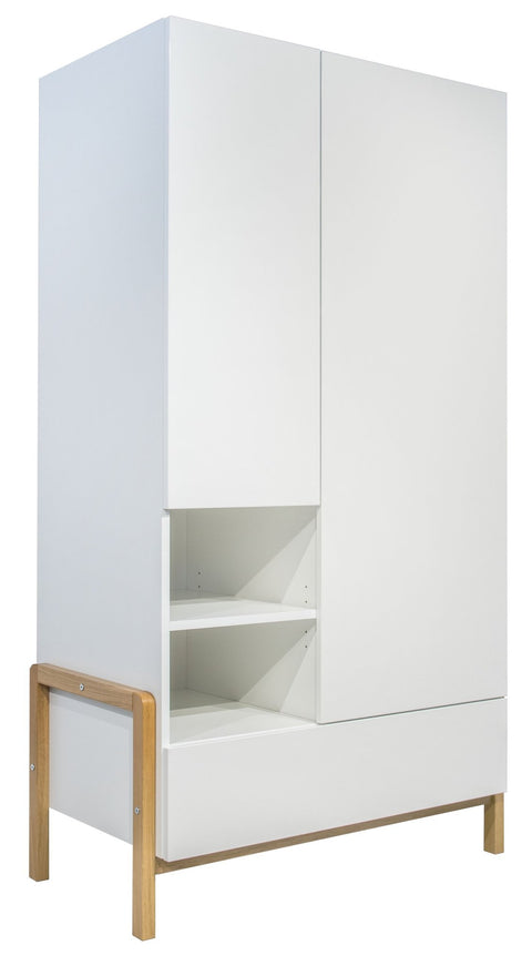 2. Studio shot of Kocot Kids Victor wardrobe in white with oak legs, featuring open shelves