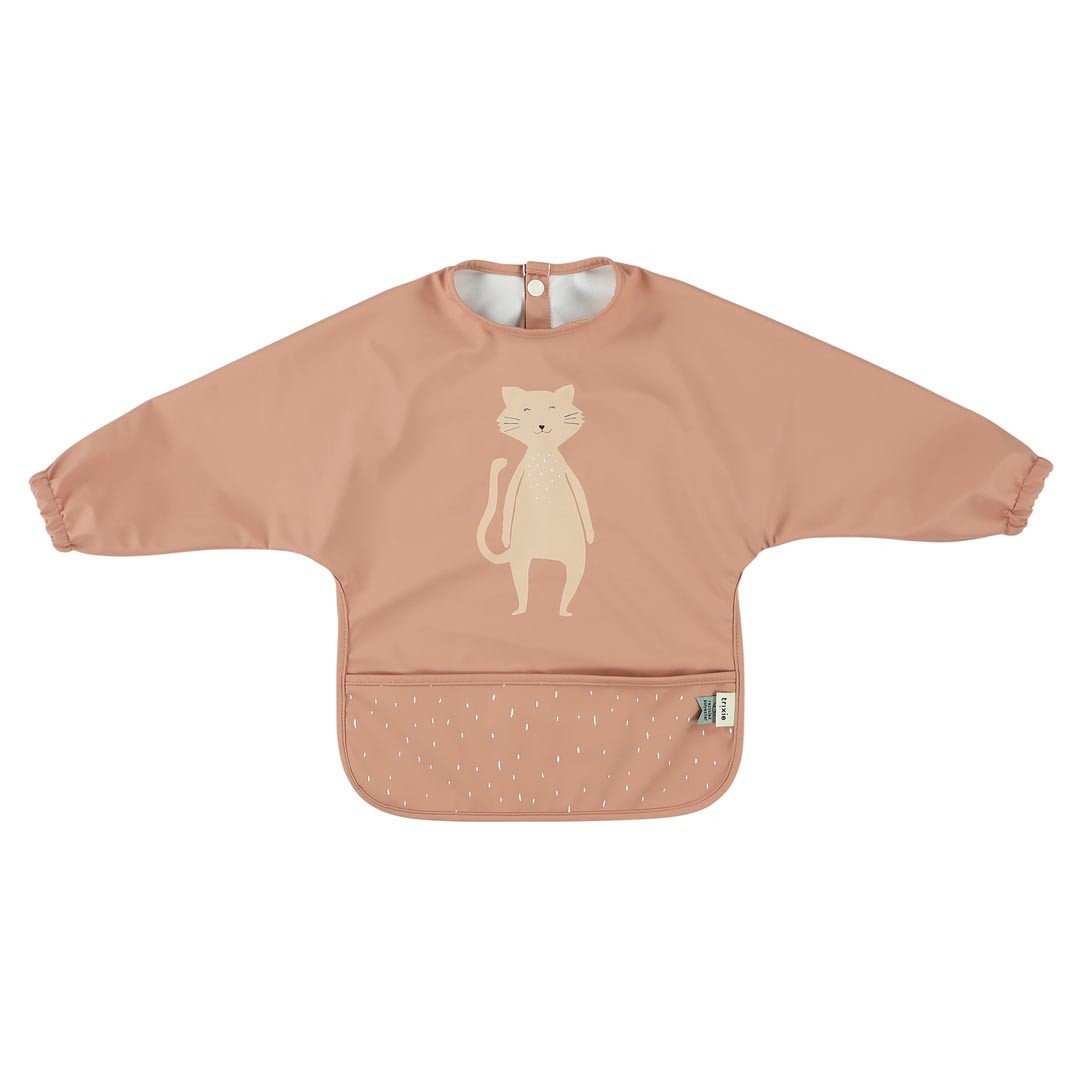 2. Pink waterproof long sleeve bib with cat print and pocket, shown on white background