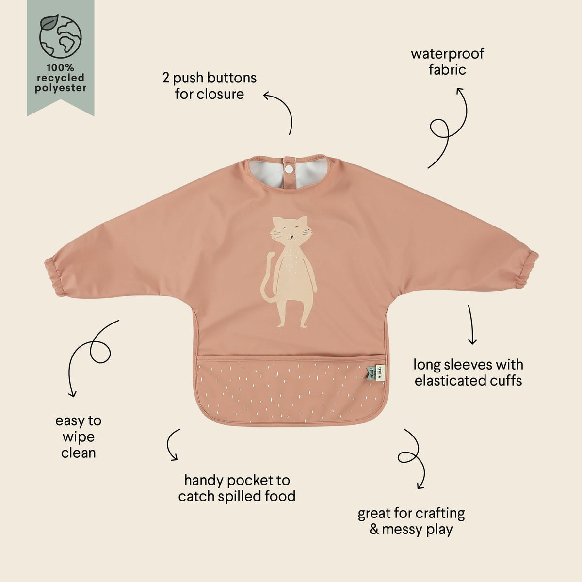 5. Size chart for pink waterproof long sleeve bib with cat print, highlighting features like waterproof fabric and easy cleaning