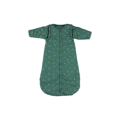2. Green baby sleeping bag with yellow print, detachable sleeves, and two-way front zipper, made from organic cotton, shown on white background