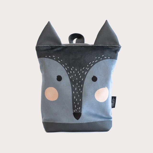 8. Muni kids wolf backpack in studio, front view showing fun design