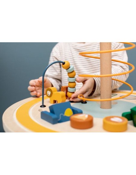5. Close-up of Trixie Baby Wooden Educational Table showing sliding beads and animal figurines