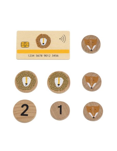 3. Close-up of wooden coins and card with animal designs for cash register