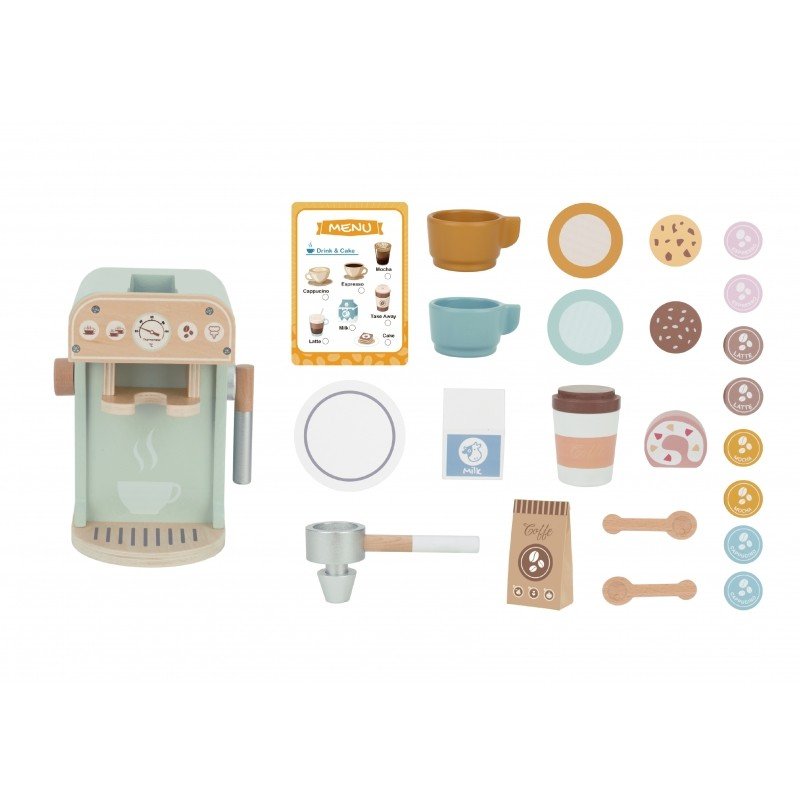 4. Flat lay of Woopie Green barista set including coffee machine, cups, pastries, and accessories