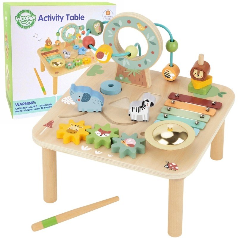 14. Woopie 5-in-1 activity table with packaging showing xylophone, bead maze, and animal shapes