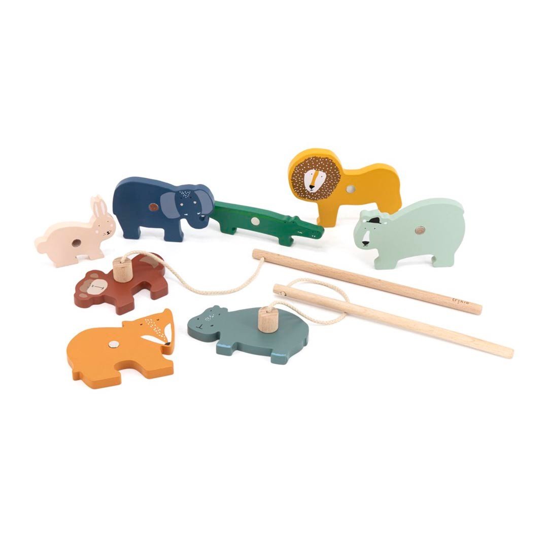 4. Flat lay of wooden fishing game with animal pieces and rods arranged on white surface