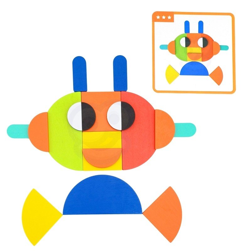 2. Assembled colorful robot shape using wooden blocks with matching card