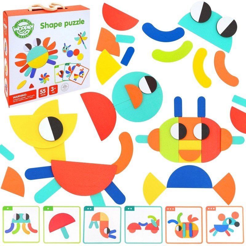 10. Set of colorful wooden shapes and pattern cards with packaging