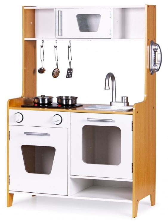 2. Interactive wooden play kitchen with multimedia burners, sink, and oven, includes hanging utensils and phone, natural wood and white design