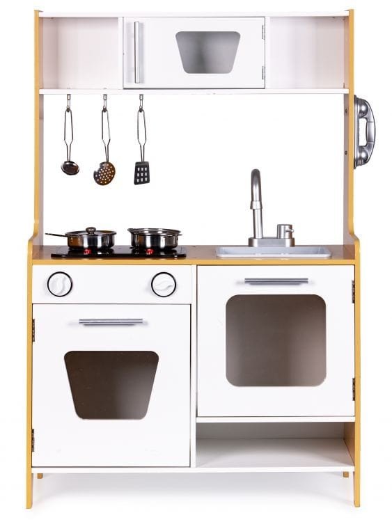 7. Front view of wooden play kitchen with multimedia burners, sink, and hanging utensils, natural wood and white