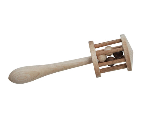 3. Side view of Wooden Story rattle with visible wooden beads inside