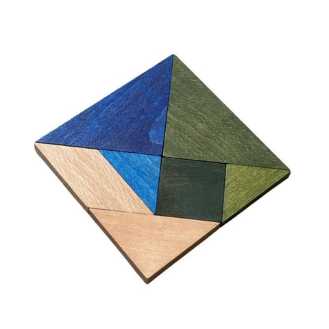 1. Wooden Story tangram set in cold colors arranged in a square on a white background