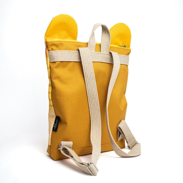 12. Back view of Muni lion backpack showing beige straps