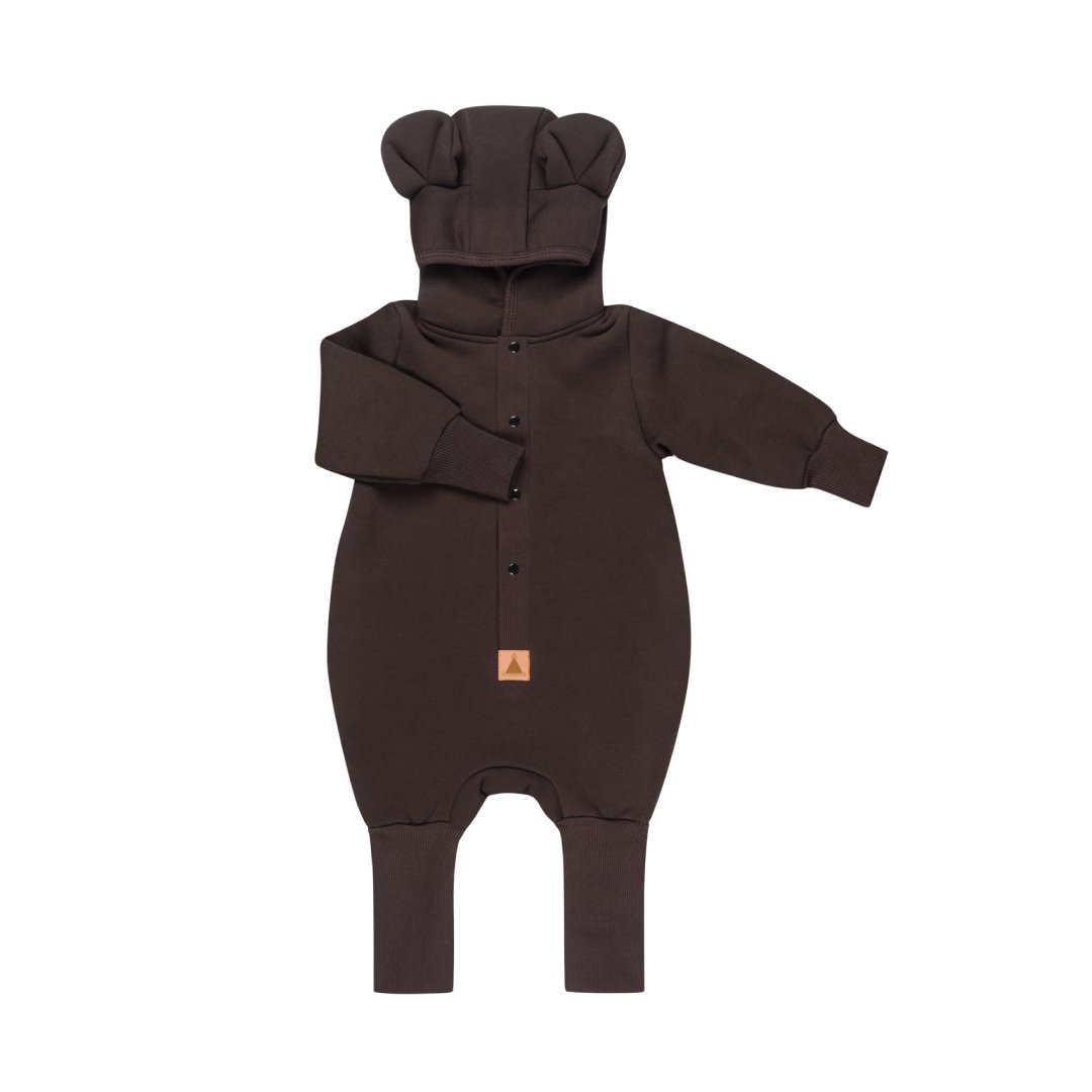 2. Studio shot of chocolate brown eared jumpsuit with hood on white background