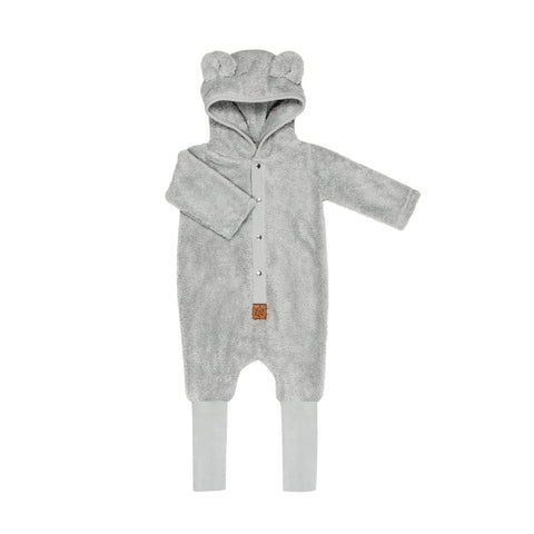 2. Fuzzy grey eared jumpsuit for babies and kids with hood and foldable cuffs, shown on white background