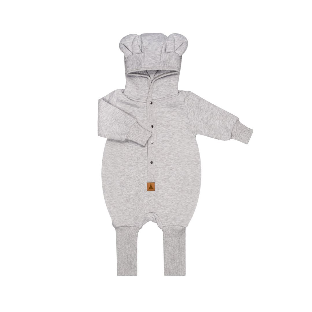 4. Flat lay of Zezuzulla melange grey eared jumpsuit for babies with hood and foldable cuffs