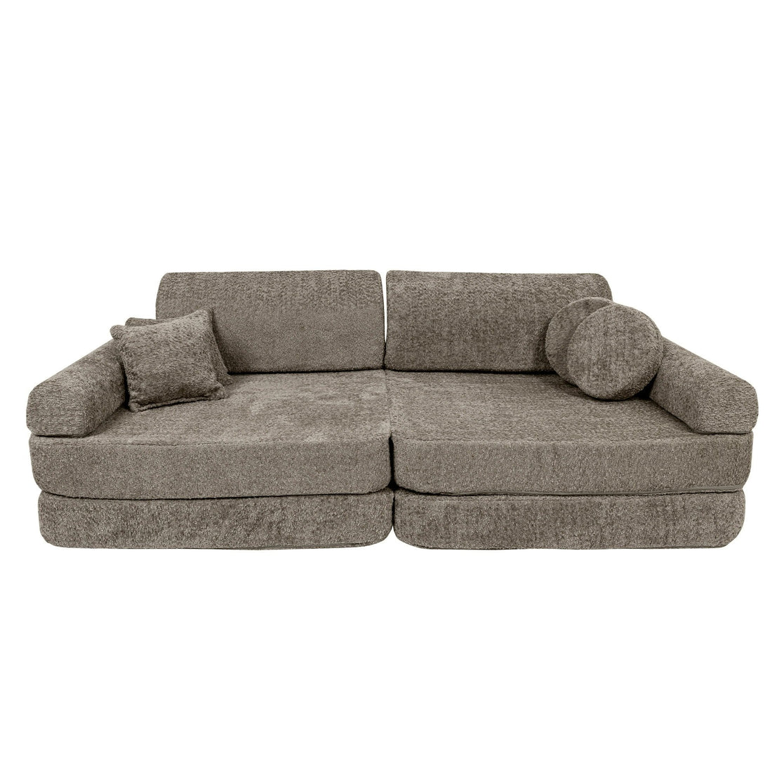 1. Large modular sofa for kids in tan beige boucle fabric with cushions, shown in a studio setting