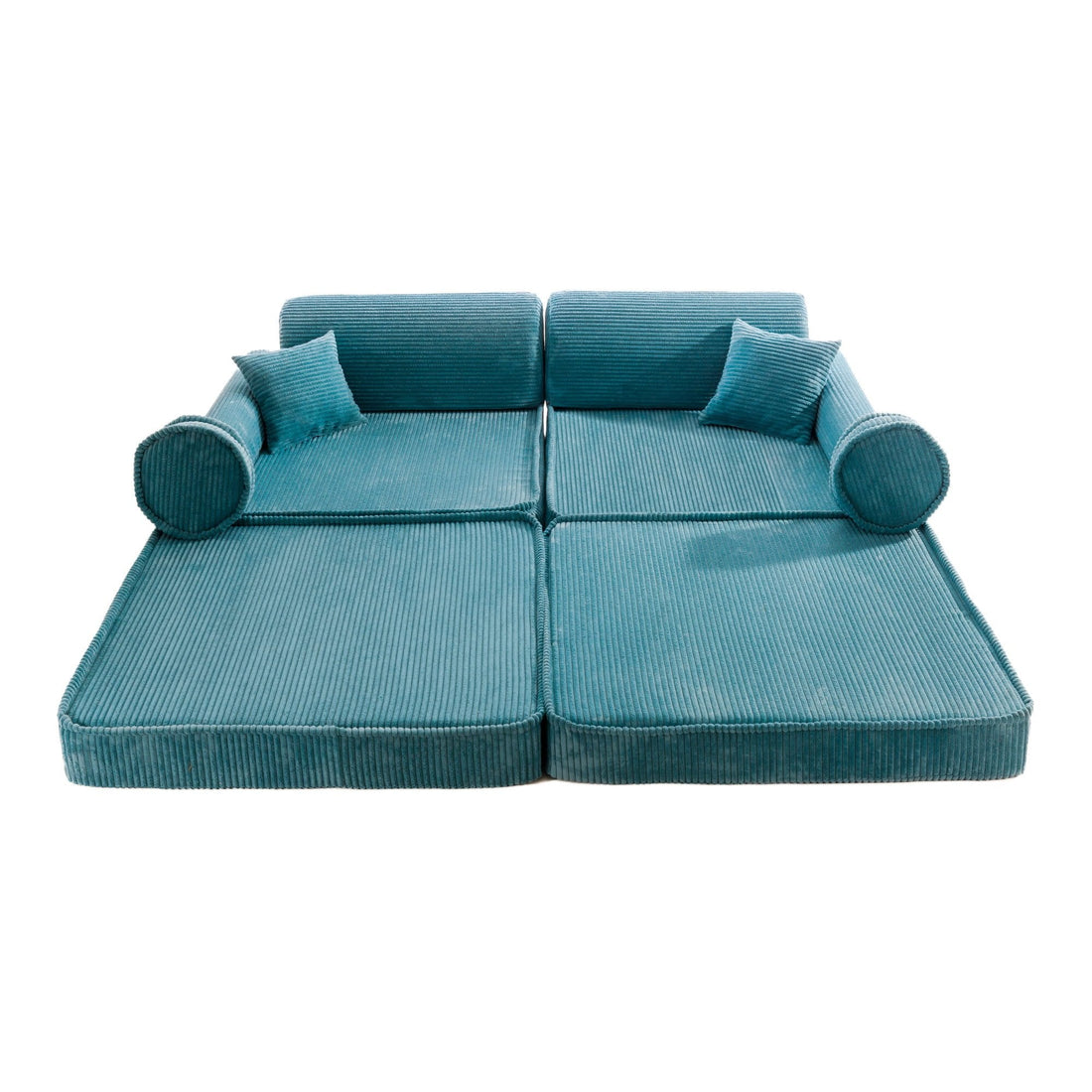 1. Large turquoise corduroy modular sofa for kids with cushions, shown in a flat layout