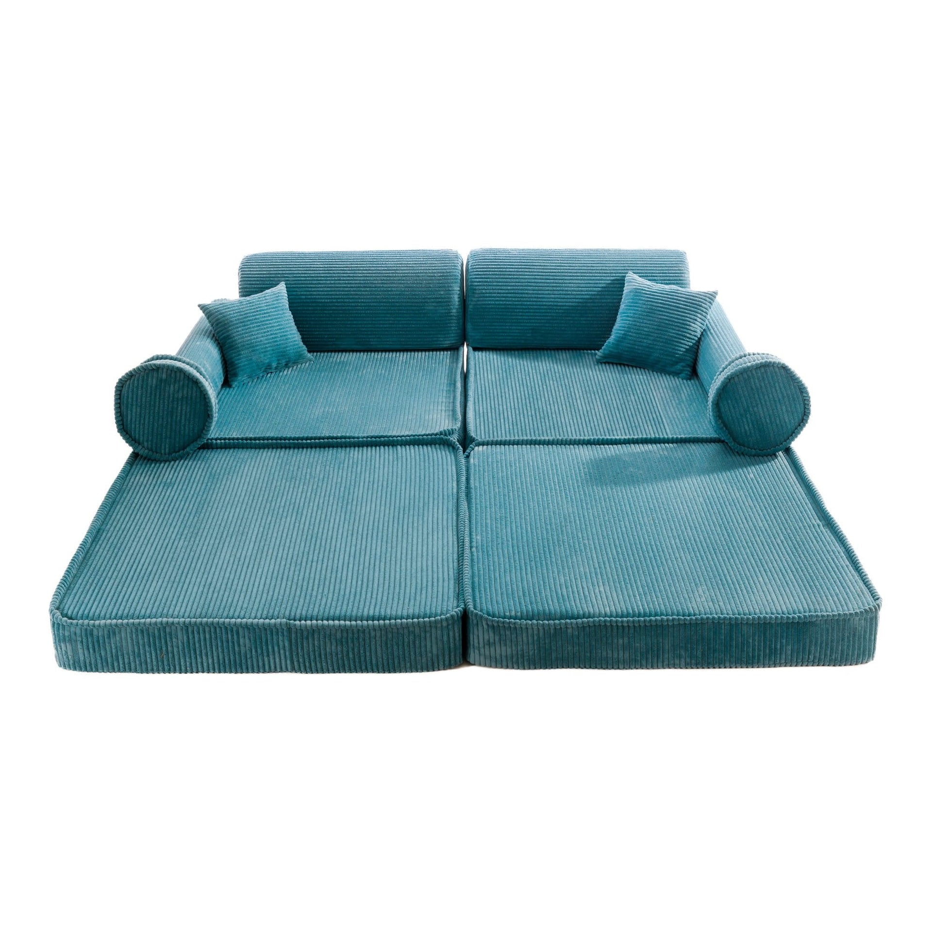 1. Large turquoise corduroy modular sofa for kids with cushions, shown in a flat layout