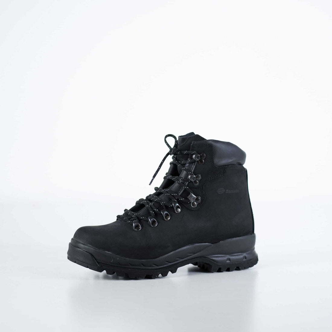 1. Samelin 5531 black hiking boot in waterproof nubuck leather, side view in studio setting