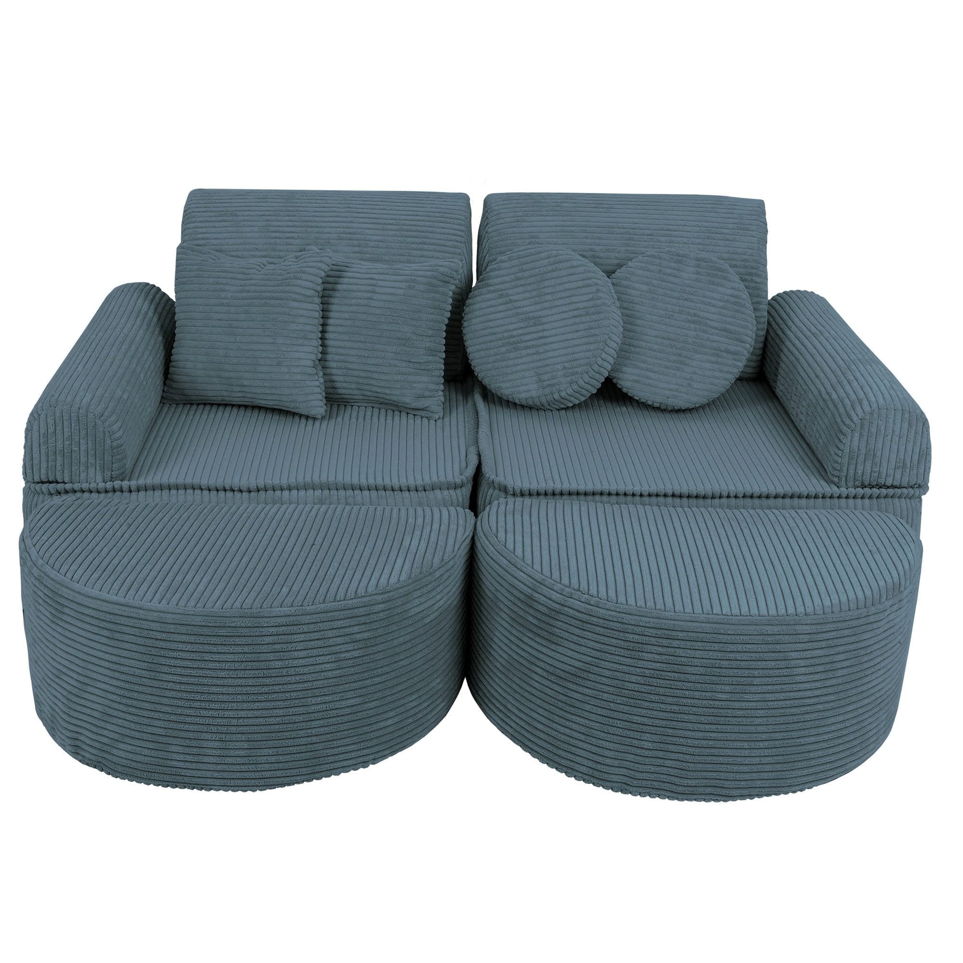 1. Medium modular children's sofa in aesthetic turquoise with ribbed texture, featuring two backrests and multiple cushions, shown in a studio setting