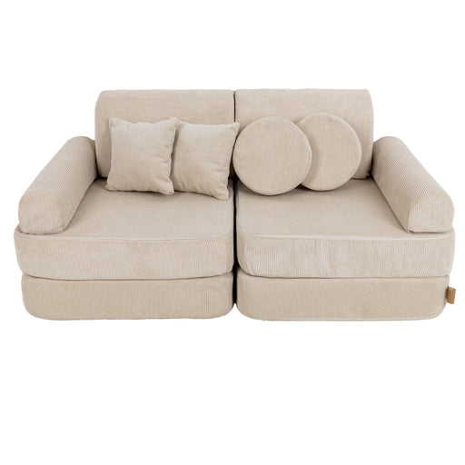1. Medium modular children's sofa in ecru slimcord fabric with two square and two round cushions, shown in a compact configuration