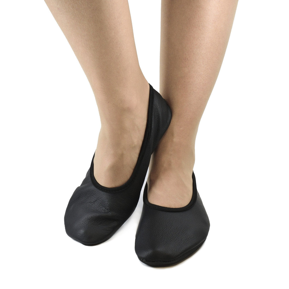 1. Women's black leather barefoot slippers by Hip-Hop, shown worn with crossed legs