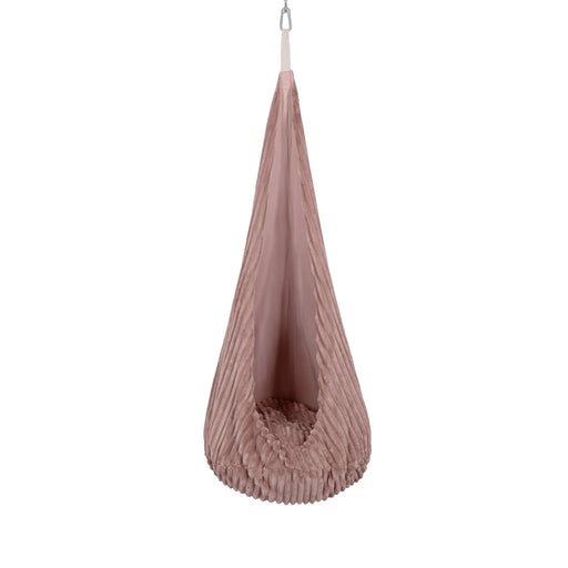 1. Kids' cocoon swing in churros ruby chocolate pink corduroy with plush cushion, shown hanging against a white background