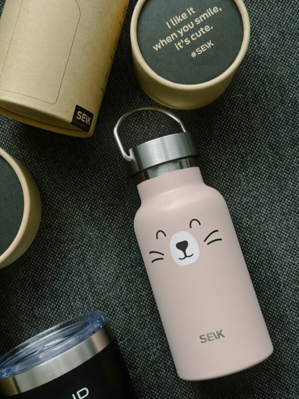 1. SEIK pink stainless steel water bottle with cute cat face design, shown with packaging and motivational slogan