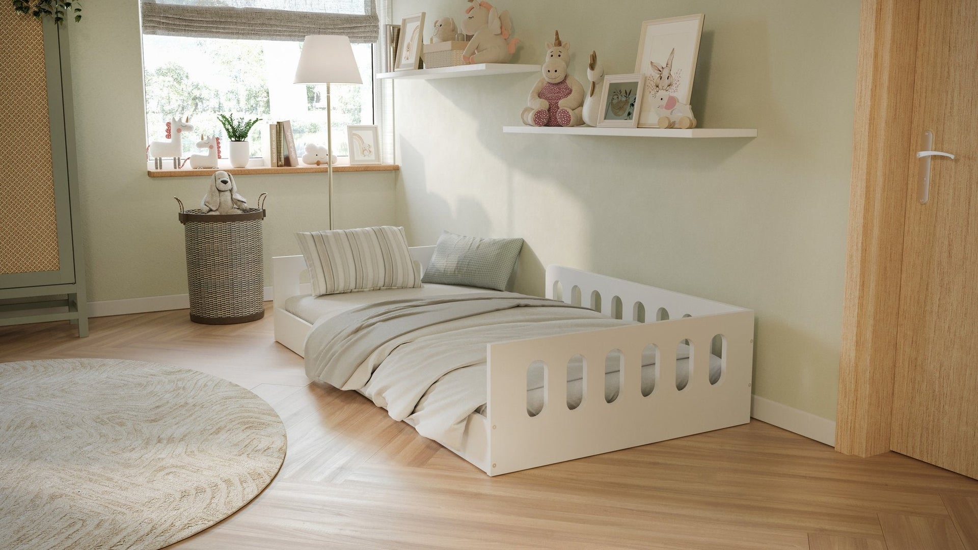 1. Kids' room with white Montessori floor bed, striped bedding, and decorative shelves in a cozy setting