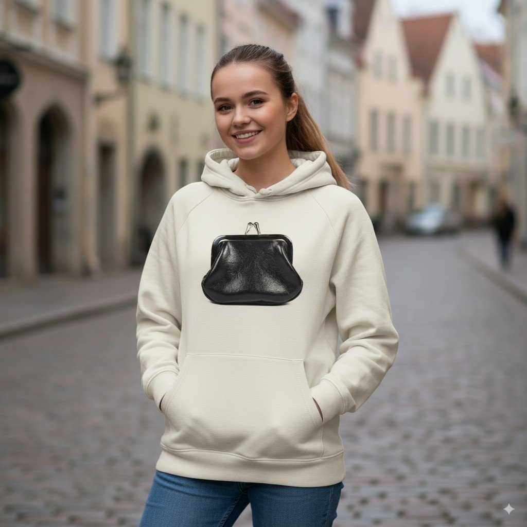 1. Woman wearing white hoodie with black leather coin purse design, standing on cobblestone street