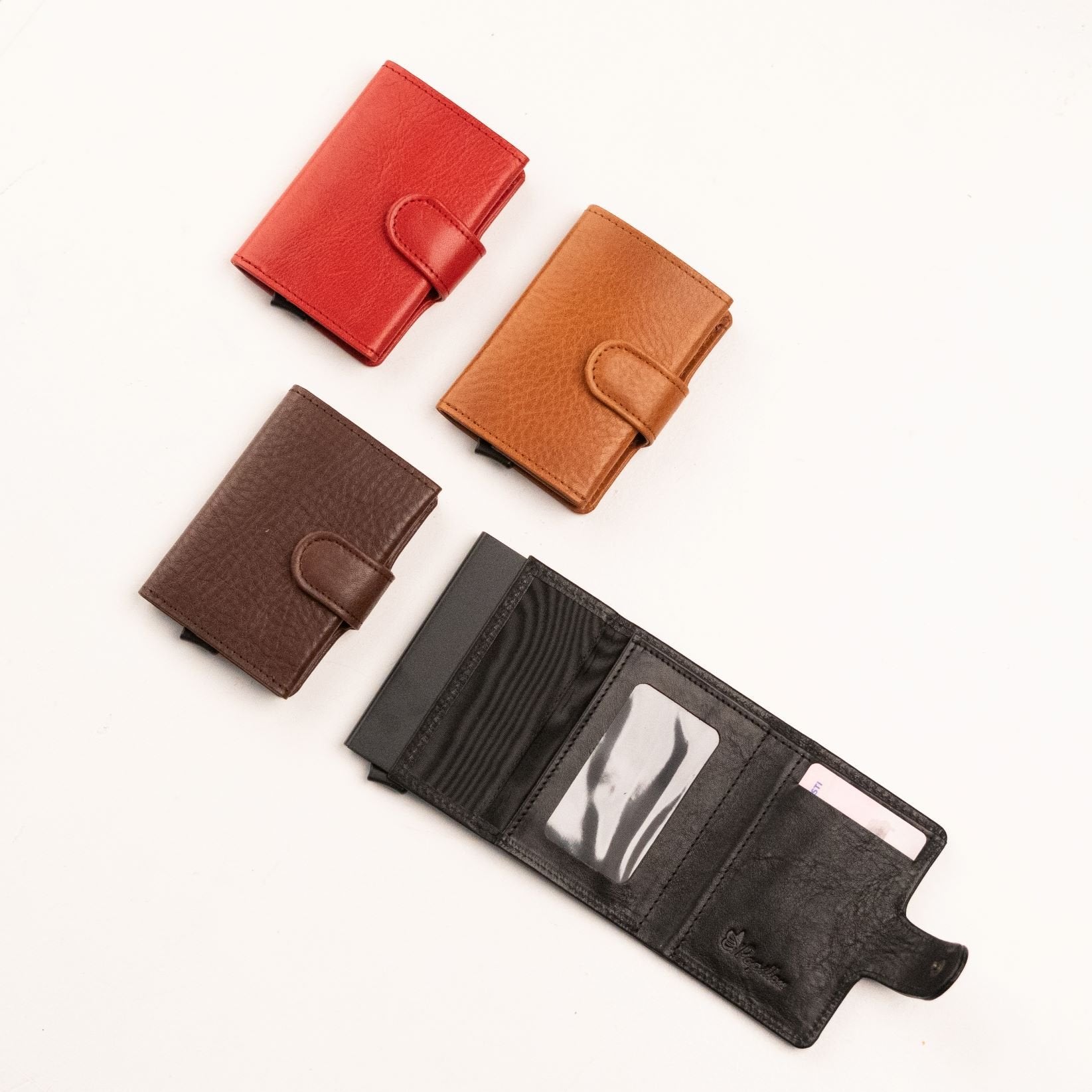 1. Papillon Leather Wallet 40-25 in red, cognac, dark brown, and black, showcasing RFID/NFC blocking card holder and card slots