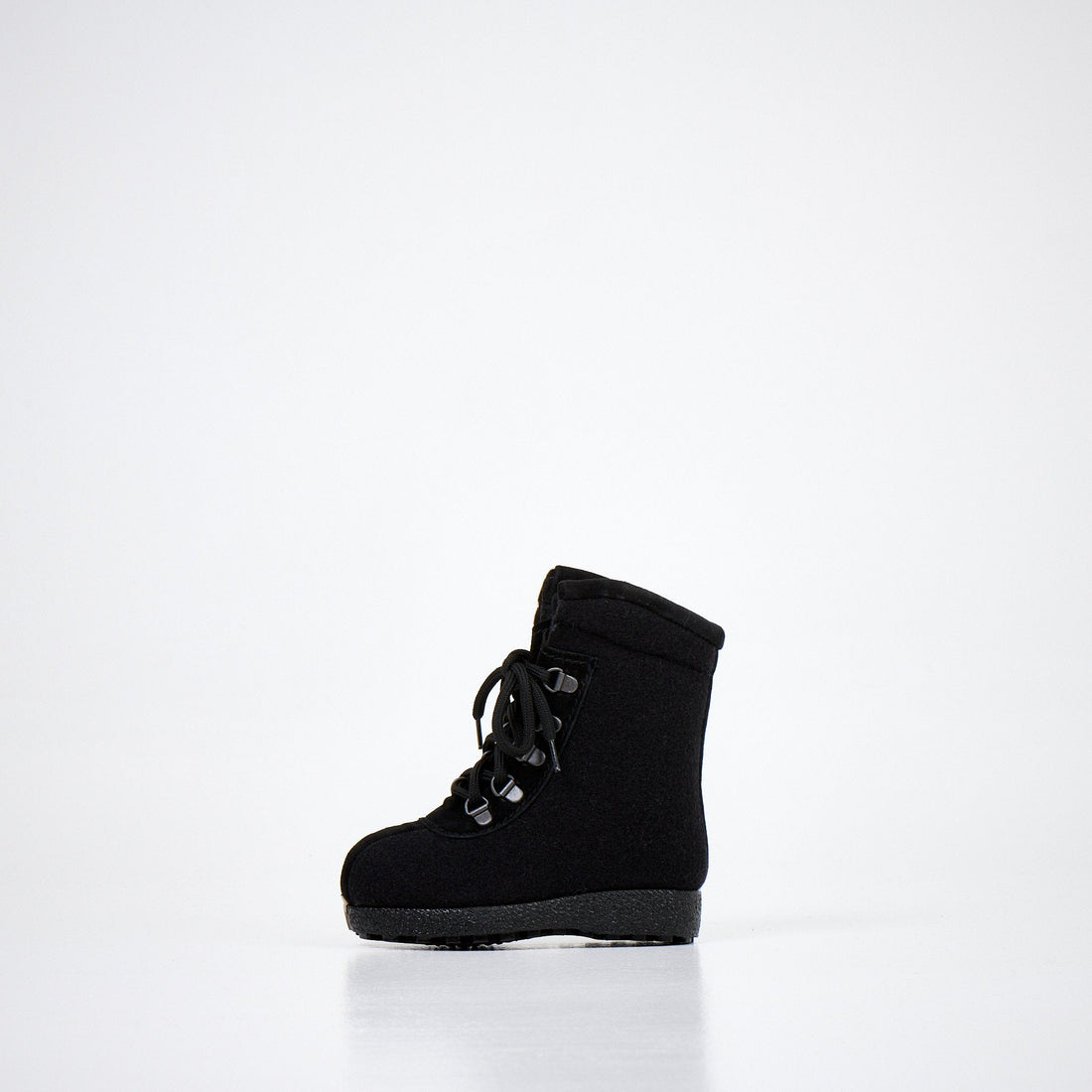 1. Black kids' felt boot with lace-up design and non-slip sole, side view on white background