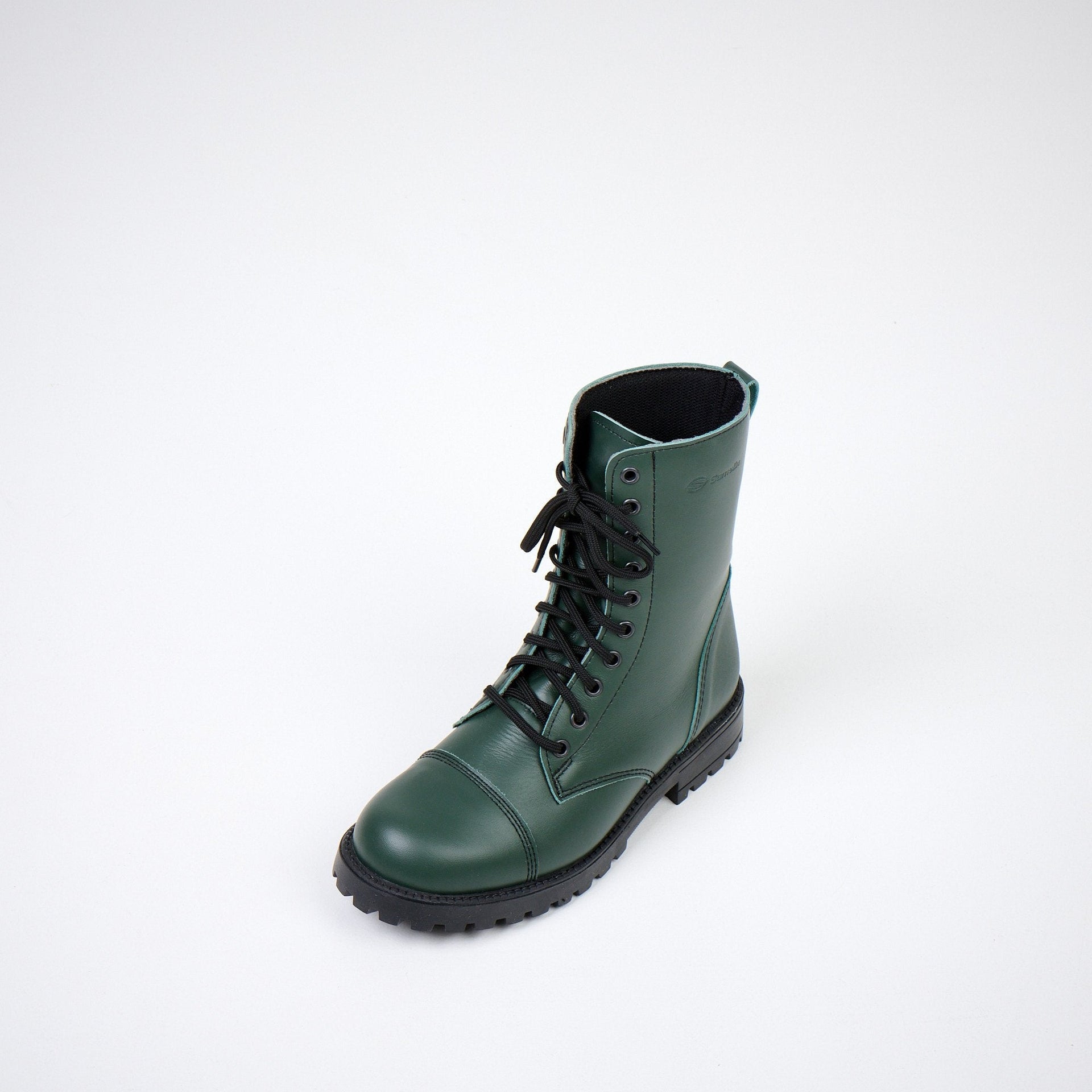 1. Studio shot of Samelin 511 Forest Green boots in water-repellent natural leather, angled view