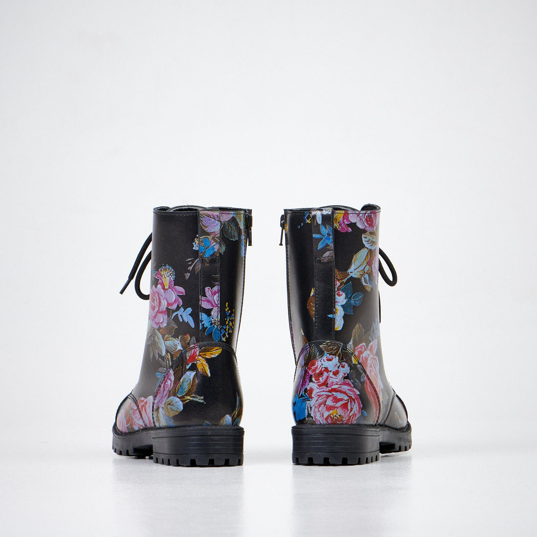 1. Back view of Samelin 511 Pink Roses boots in black with floral pattern, showing zipper and lace details