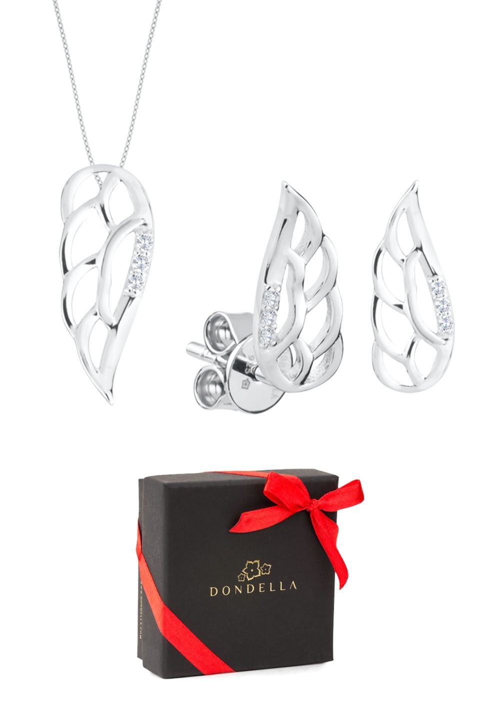 1. Girl wearing Dondella Jewellery Gift Set Wings necklace with rhodium plated sterling silver and zircon stones