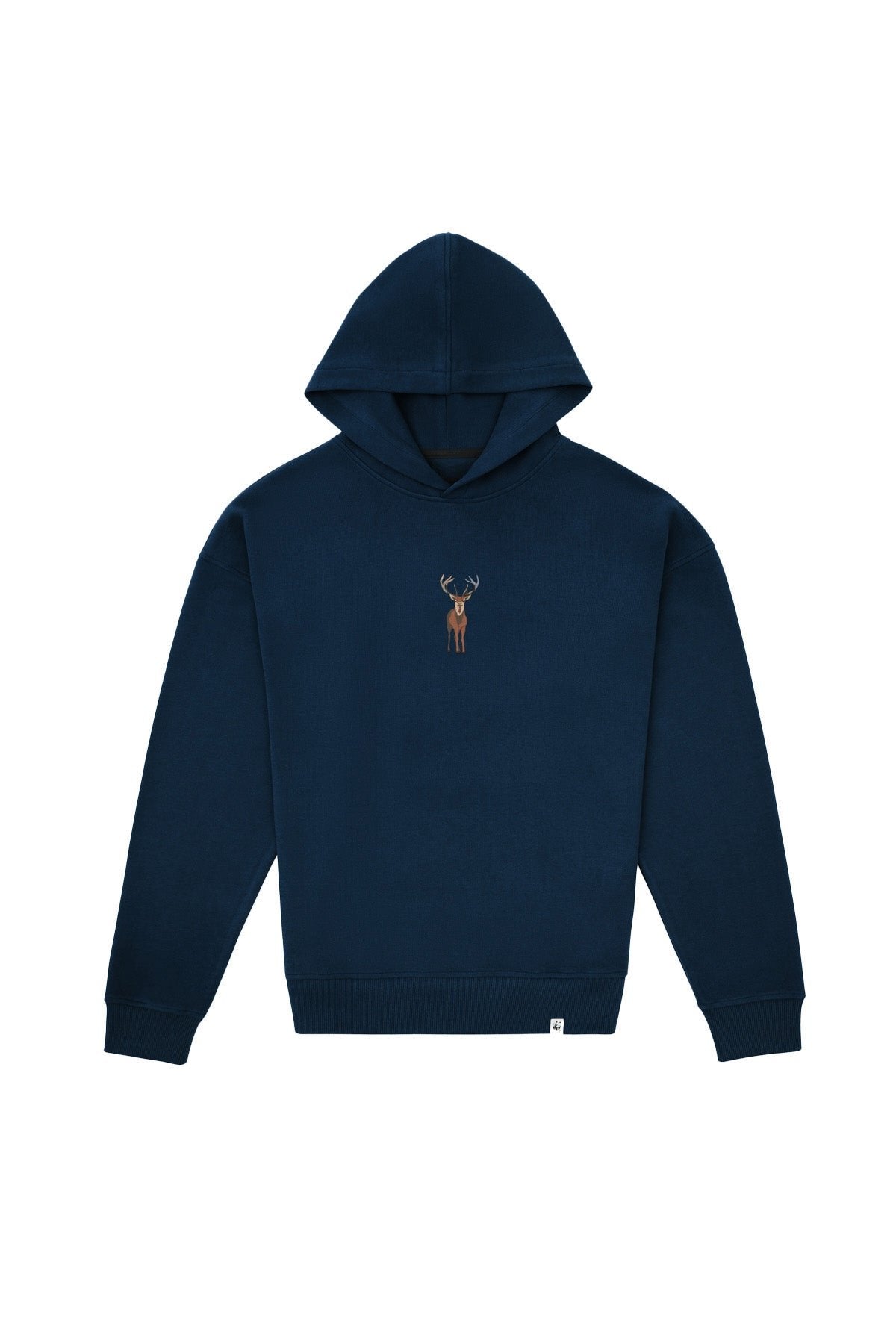 1. Cherry colored unisex organic cotton sweatshirt with 'Mom' embroidery on collar, hanging on wooden hanger