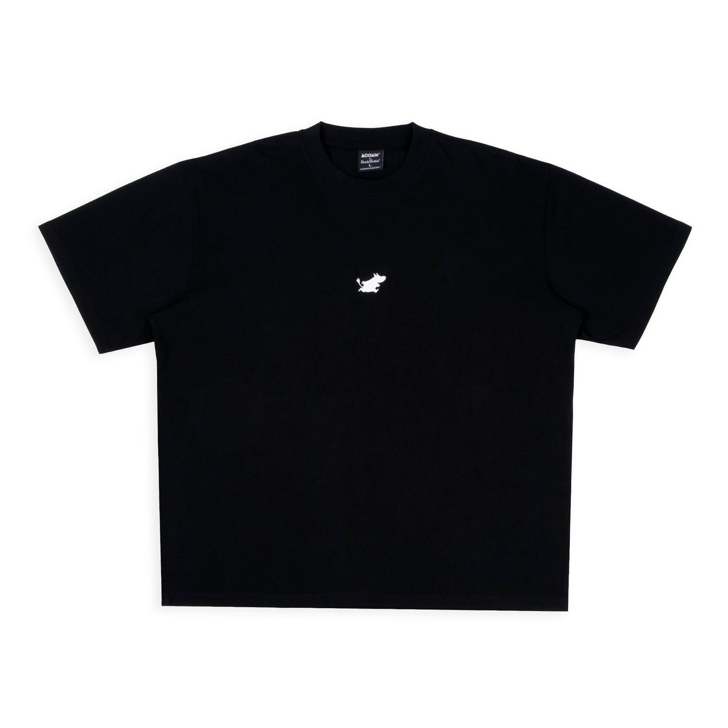 1. Unisex black Moomin Jungle t-shirt worn by male and female models, featuring bold back design and small front logo
