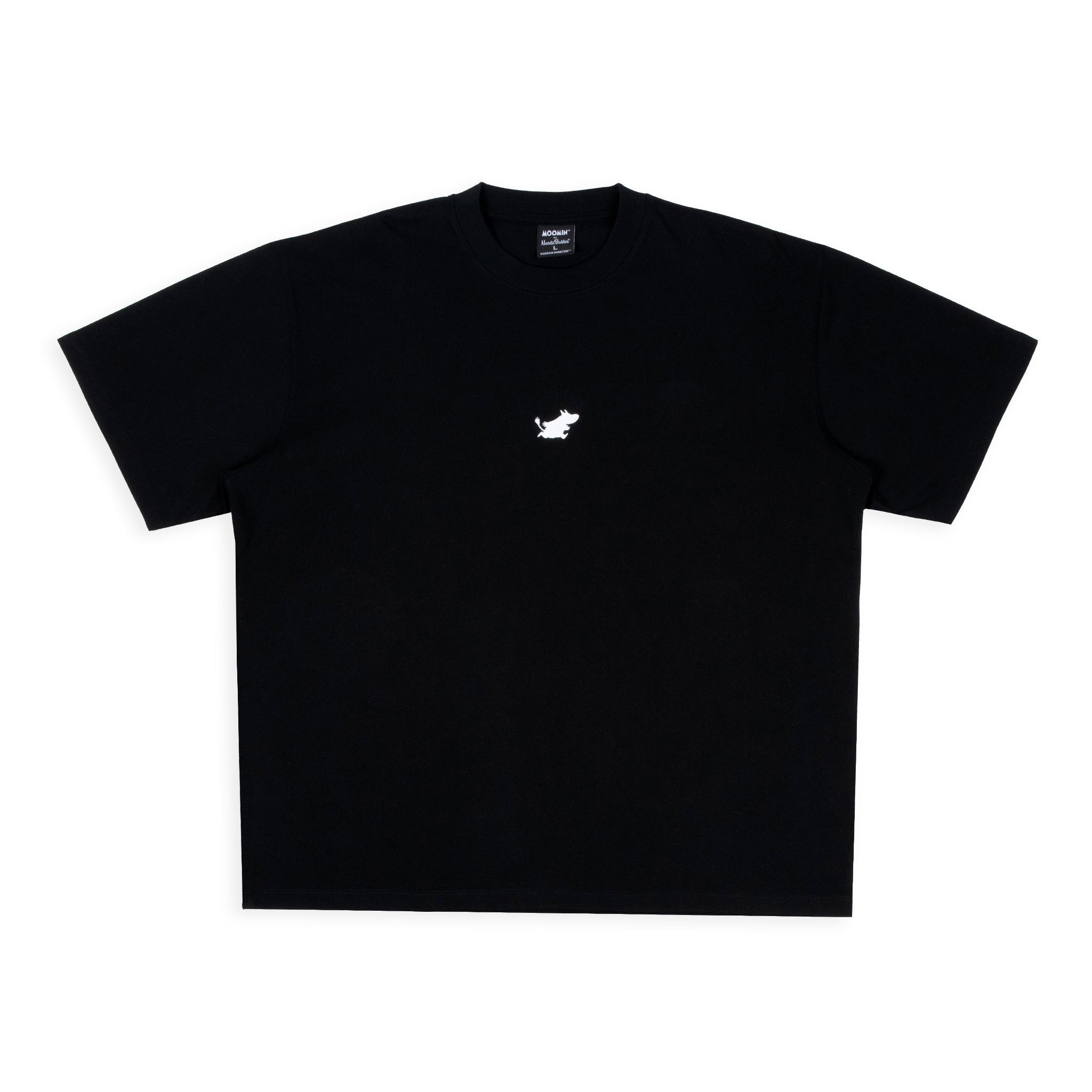 1. Unisex black Moomin Jungle t-shirt worn by male and female models, featuring bold back design and small front logo
