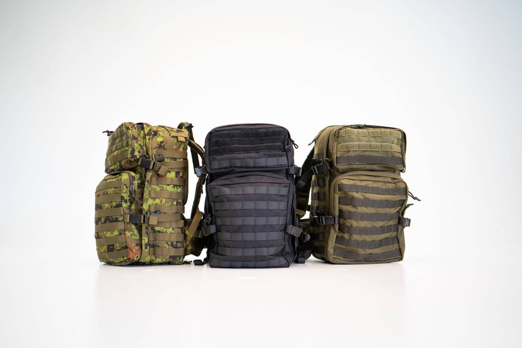 3. Trio of Galvi Linda Backpack 019 in camo, black, and brown, studio shot showing front view and design variations