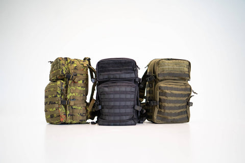 3. Trio of Galvi Linda Backpack 019 in camo, black, and brown, studio shot showing front view and design variations