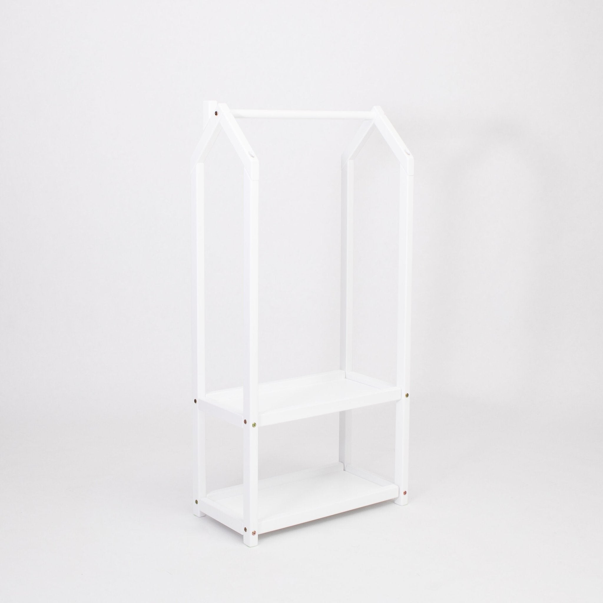 2. White house-shaped clothing rack with two shelves on a white background