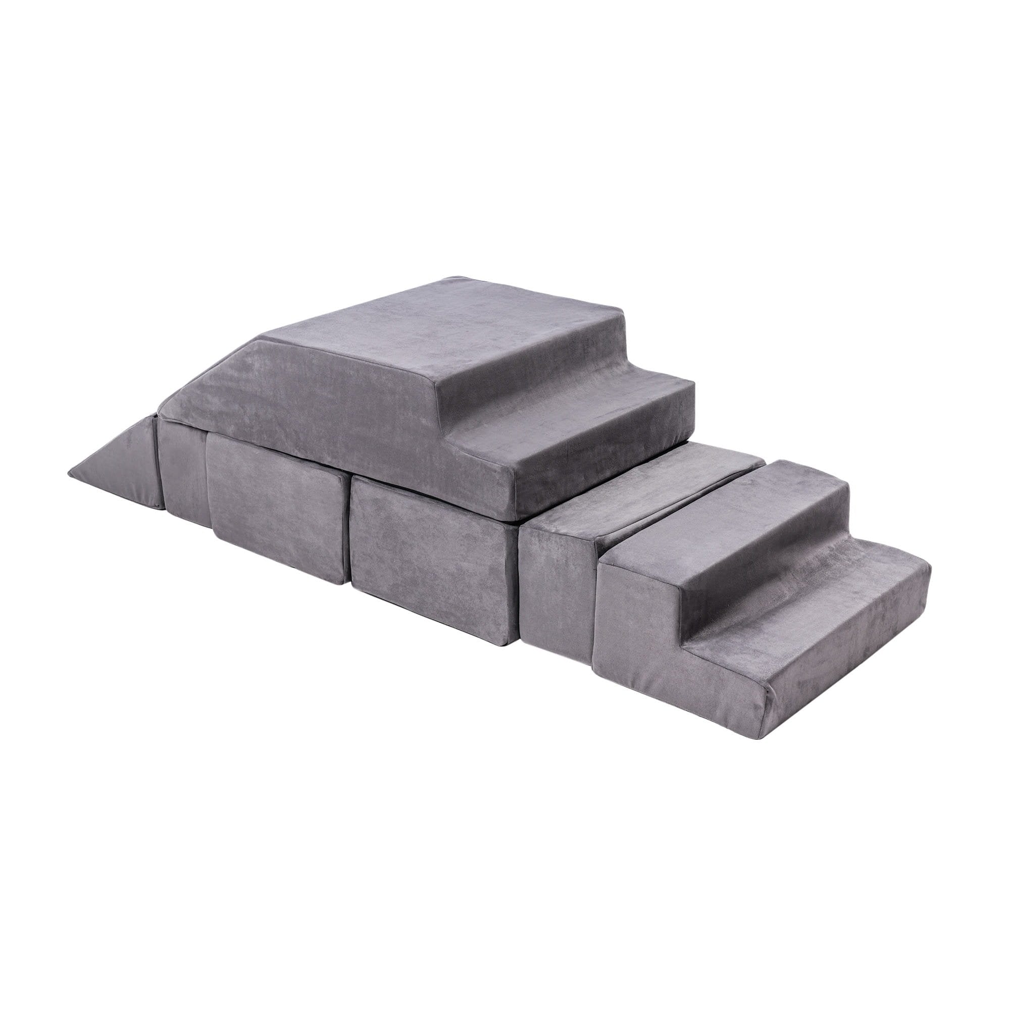 4. Grey MeowBaby velvet bricks set arranged as a staircase with steps